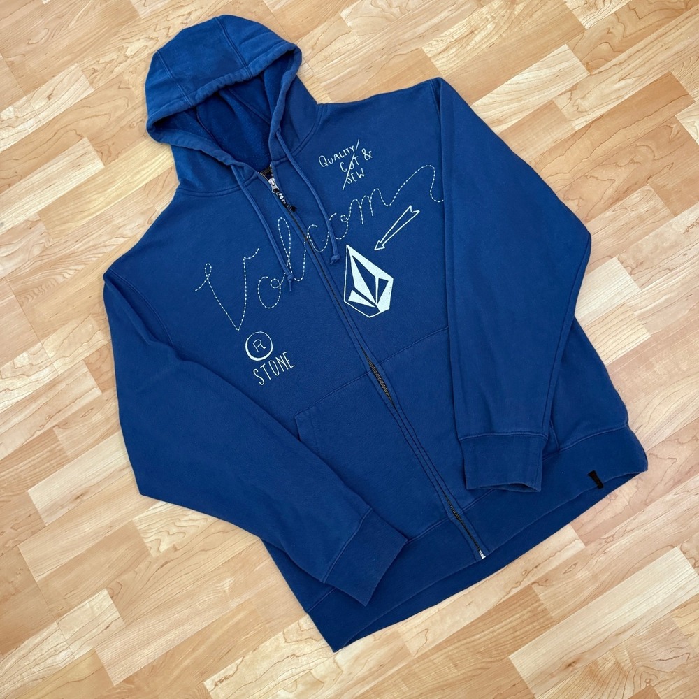 Volcom Mens Blue Full Zip Hoodie Graphic Quality Cut & Sew Stone Sweatshirt